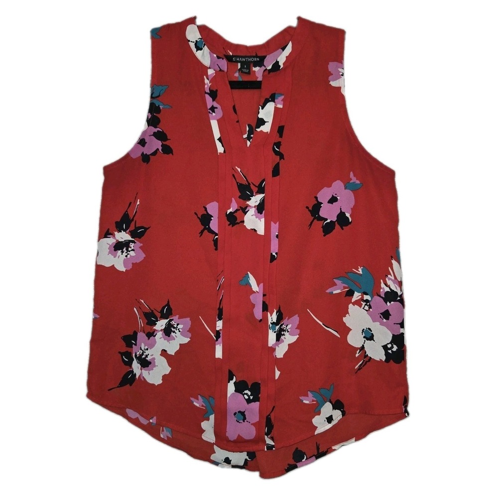 41 Hawthorn Red Floral Blouse Women's Small Breyson Pleat Detail Split Neck Top